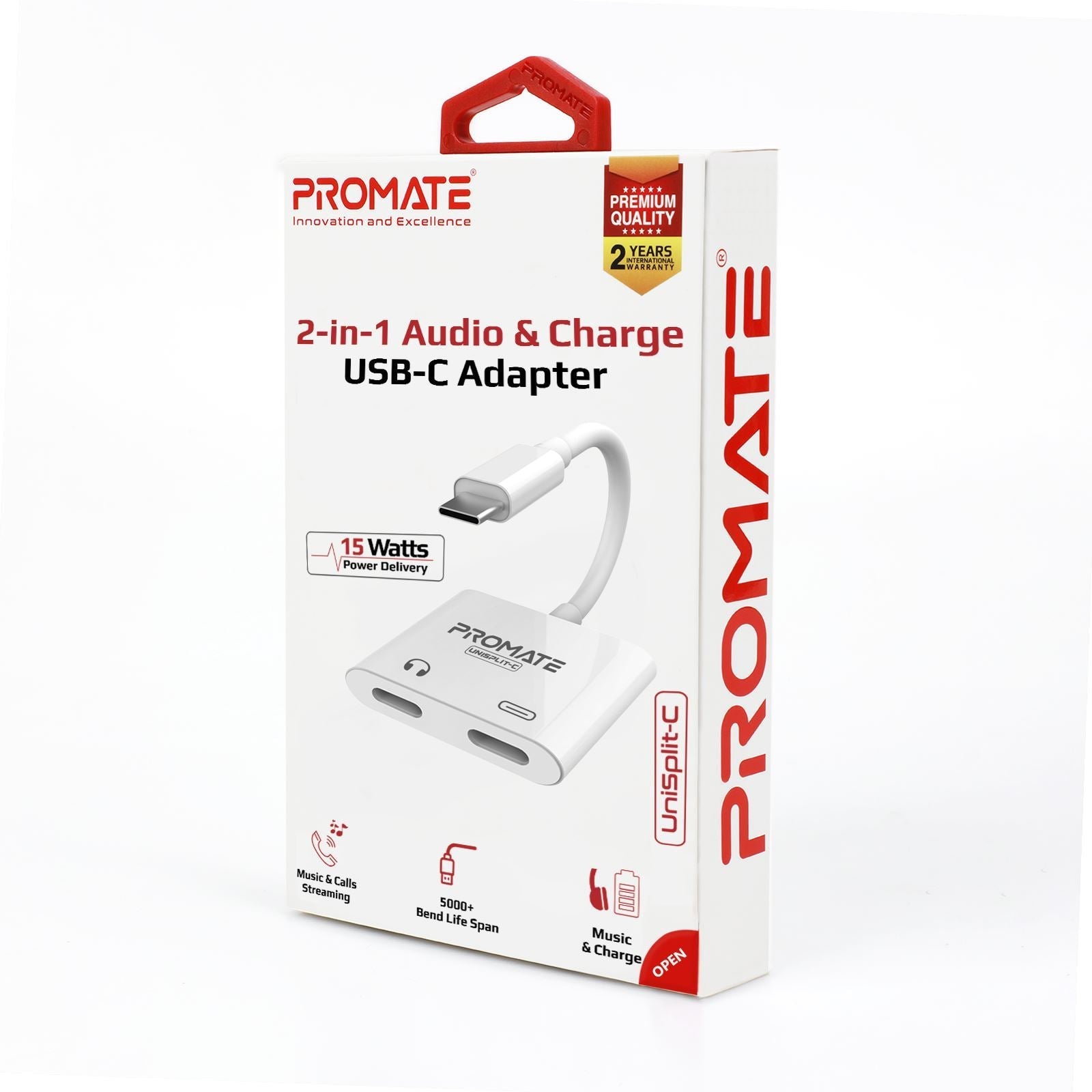 UNISPLIT-C.WHT - Promate 2-in-1 Audio & Charge USBC Adapter with 15W Power Delivery.