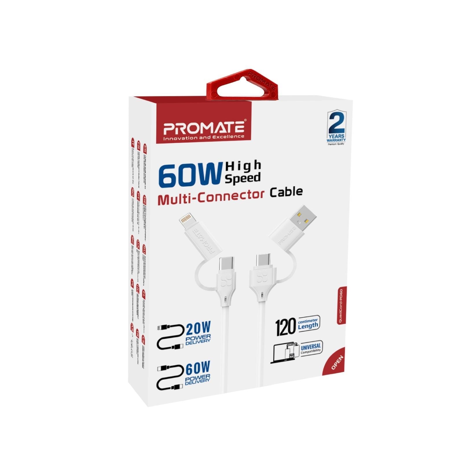 PROMATE_1.2m_60W_4-in-1_Braided_Cable_with_USB-C,_Lightning,_USB-A_Interchangeable_Connectors._Transfer_rate_480Mbps._Up_to_15000_Bend_Life_Span._White_Colour 1737