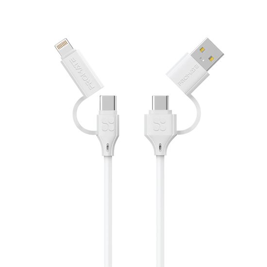 PROMATE_1.2m_60W_4-in-1_Braided_Cable_with_USB-C,_Lightning,_USB-A_Interchangeable_Connectors._Transfer_rate_480Mbps._Up_to_15000_Bend_Life_Span._White_Colour 1734