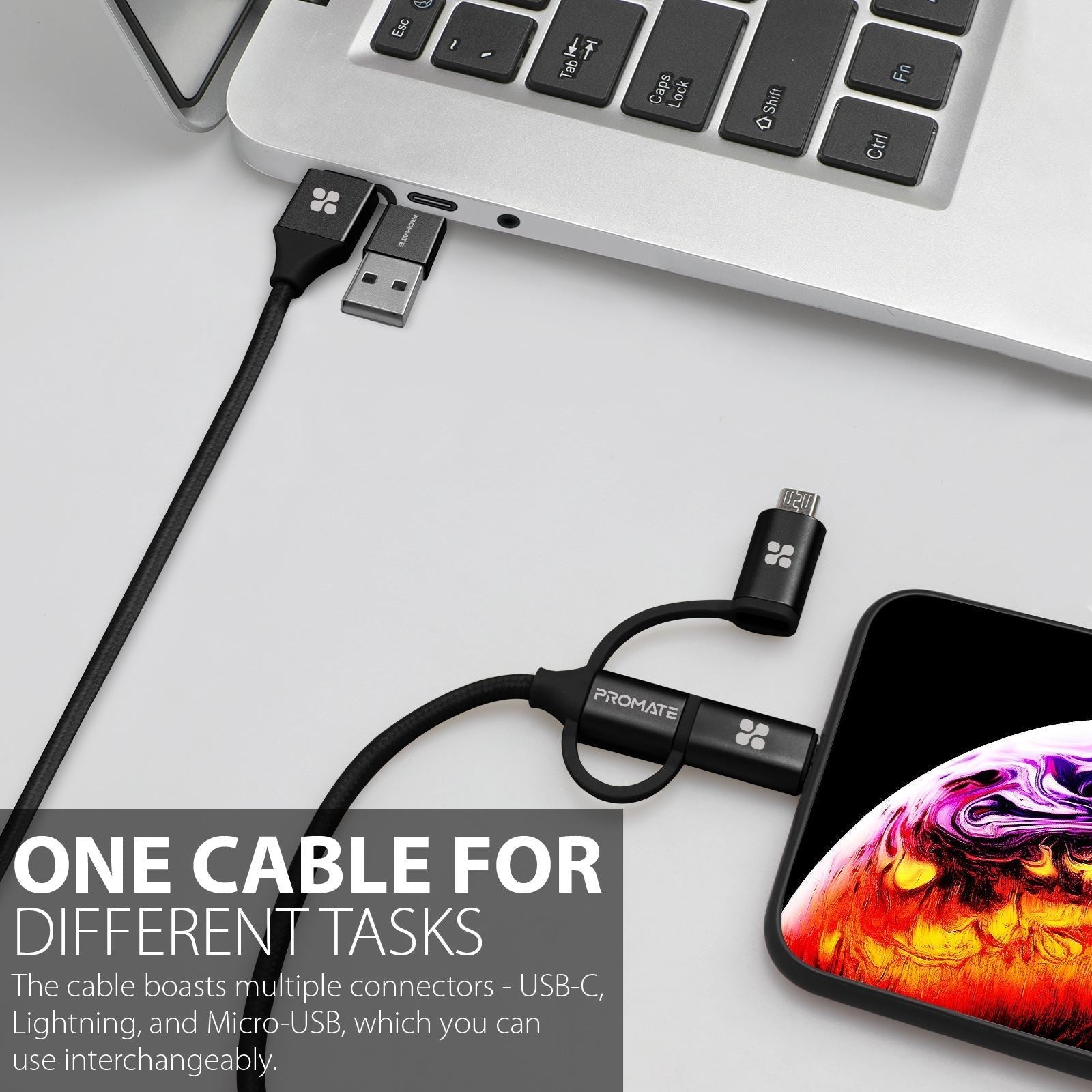 PROMATE_6-in-1_Hybrid_1.2m_Multi-Connector_Cable_for_Charging_&_Data_Transfer._60W_Power_Delivery_USB-C_to_USB-C._Micro-USB,_USB-C,_Lightning_Connector._Black_Colour. 1563
