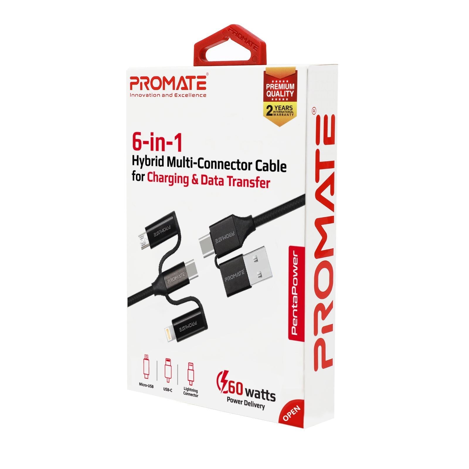 PROMATE_6-in-1_Hybrid_1.2m_Multi-Connector_Cable_for_Charging_&_Data_Transfer._60W_Power_Delivery_USB-C_to_USB-C._Micro-USB,_USB-C,_Lightning_Connector._Black_Colour. 1560