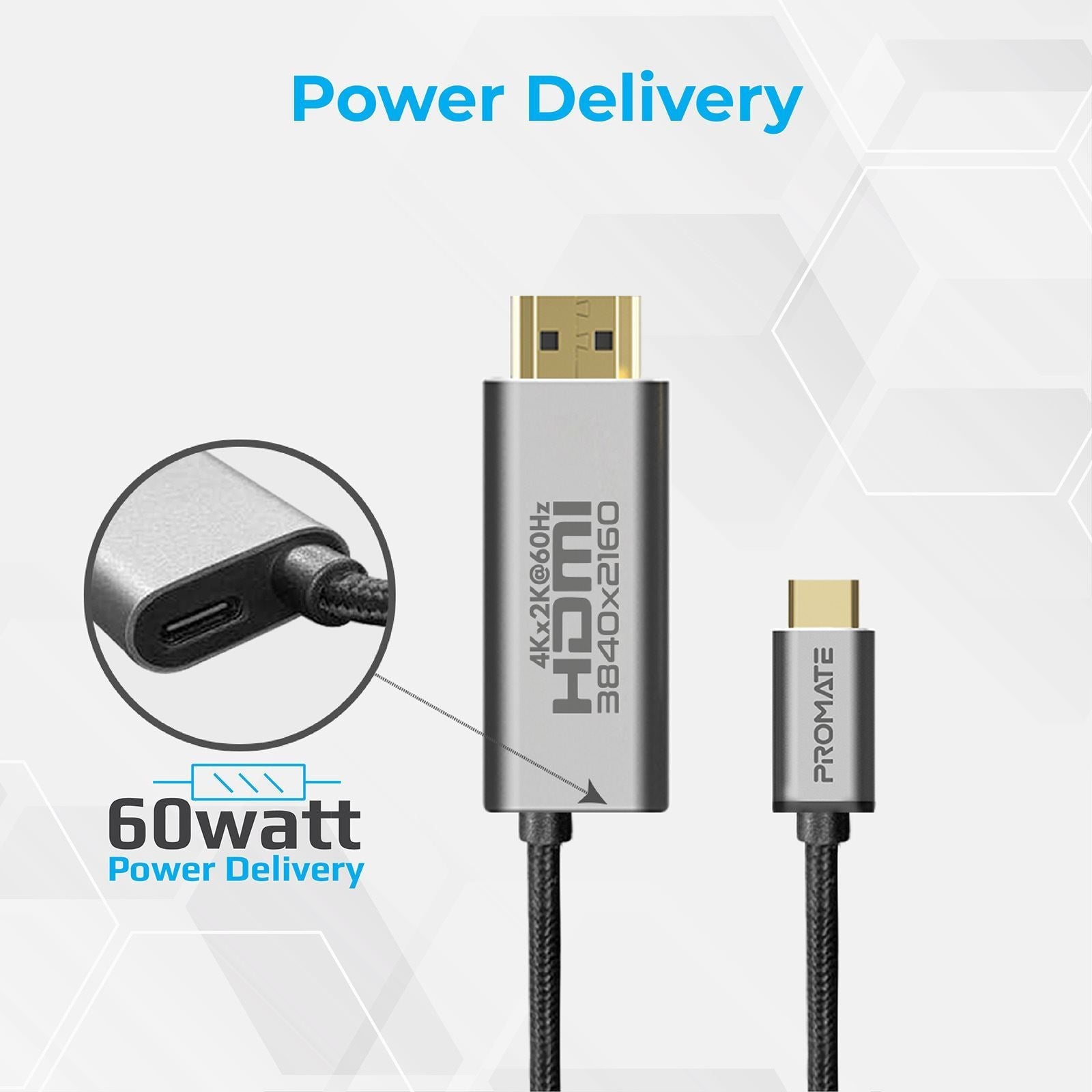 PROMATE_1.8m_4K_USB-C_to_HDMI_Cable_with_Gold_Plated_Connectors_&_Fabric_Braided_Cable._Supports_60W_PD._Alloy_Connectors._Max_Res_up_to_4K@60Hz_(4096X2160)._Plug_&_Play._Grey_Colour. 1444