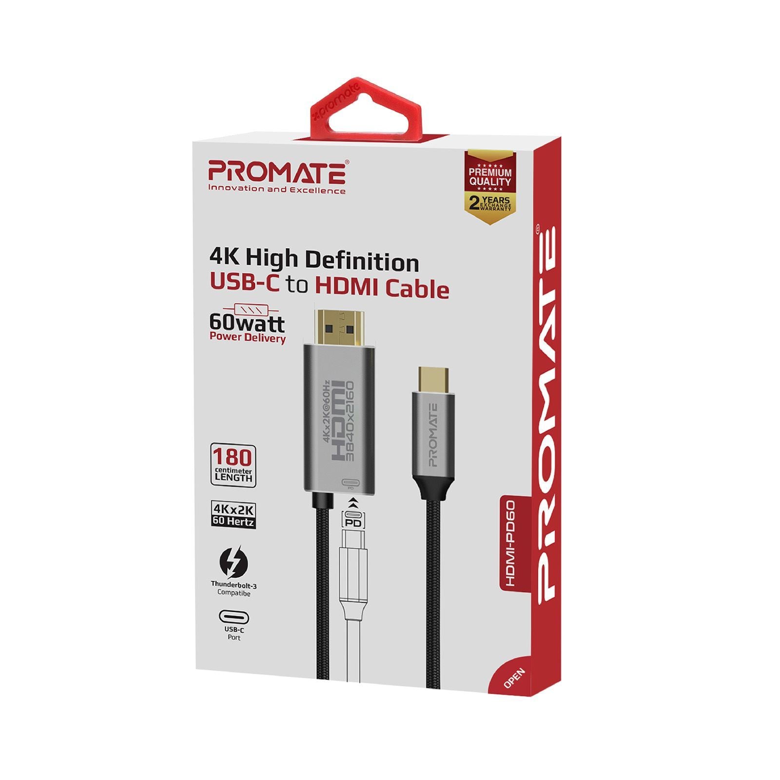 PROMATE_1.8m_4K_USB-C_to_HDMI_Cable_with_Gold_Plated_Connectors_&_Fabric_Braided_Cable._Supports_60W_PD._Alloy_Connectors._Max_Res_up_to_4K@60Hz_(4096X2160)._Plug_&_Play._Grey_Colour. 1445