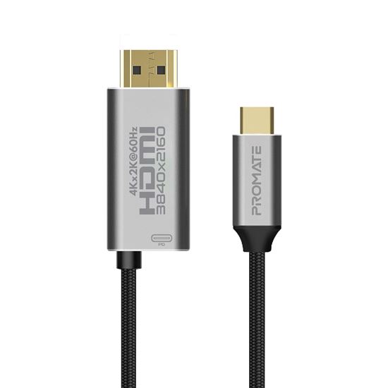 PROMATE_1.8m_4K_USB-C_to_HDMI_Cable_with_Gold_Plated_Connectors_&_Fabric_Braided_Cable._Supports_60W_PD._Alloy_Connectors._Max_Res_up_to_4K@60Hz_(4096X2160)._Plug_&_Play._Grey_Colour. 1442