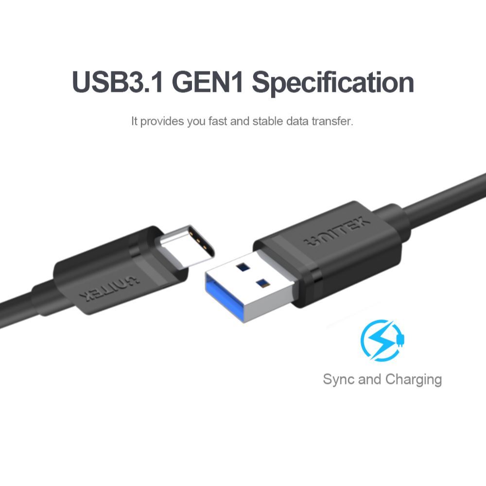 Y-C474BK - Unitek 1m USB 3.1 USB-C Male to USB-A Male Cable. Reversible USB-C