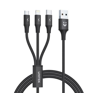 UNITEK_1.2m_USB_3-in-1_Charge_Cable._Integrated_USB-A_to_Micro-B,_Lightning_Connector_&_USB-C_Connector._Black_Colour. 270