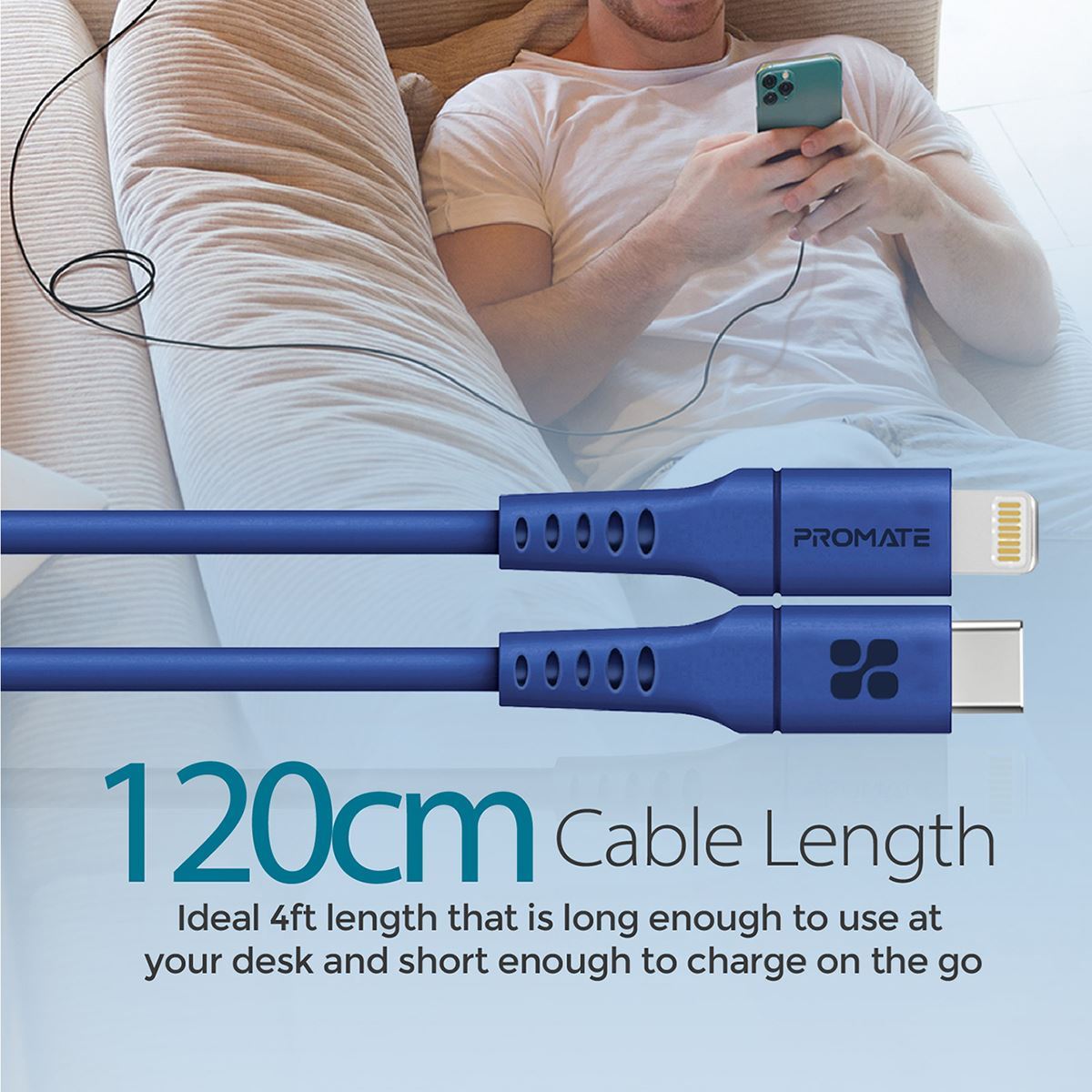 PROMATE_1.2m_20W_PD_USB-C_to_Lightning_Charge_&_Sync_Cable._For_Apple_iPhone,_iPad,_&_iPad_Mini._Soft_Touch_Silicone._Anti_Snap_Tangle_Free_Design._Blue_*Not_MFI_Certified* 1602
