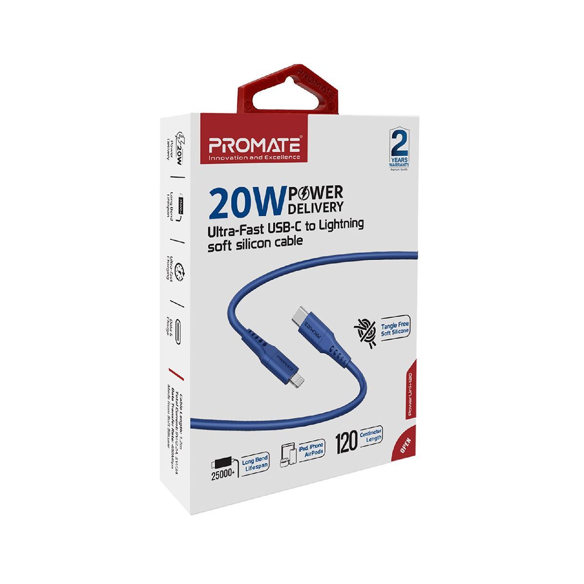 PROMATE_1.2m_20W_PD_USB-C_to_Lightning_Charge_&_Sync_Cable._For_Apple_iPhone,_iPad,_&_iPad_Mini._Soft_Touch_Silicone._Anti_Snap_Tangle_Free_Design._Blue_*Not_MFI_Certified* 1605