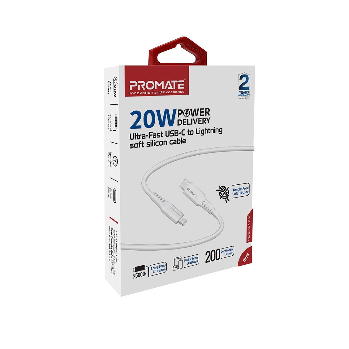 PROMATE_2m_20W_PD_USB-C_to_Lightning_Charge_&_Sync_Cable._For_Apple_iPhone,_iPad,_&_iPad_Mini._Soft_Touch_Silicone._Anti_Snap_Tangle_Free_Design._White_*Not_MFI_Certified* 1620