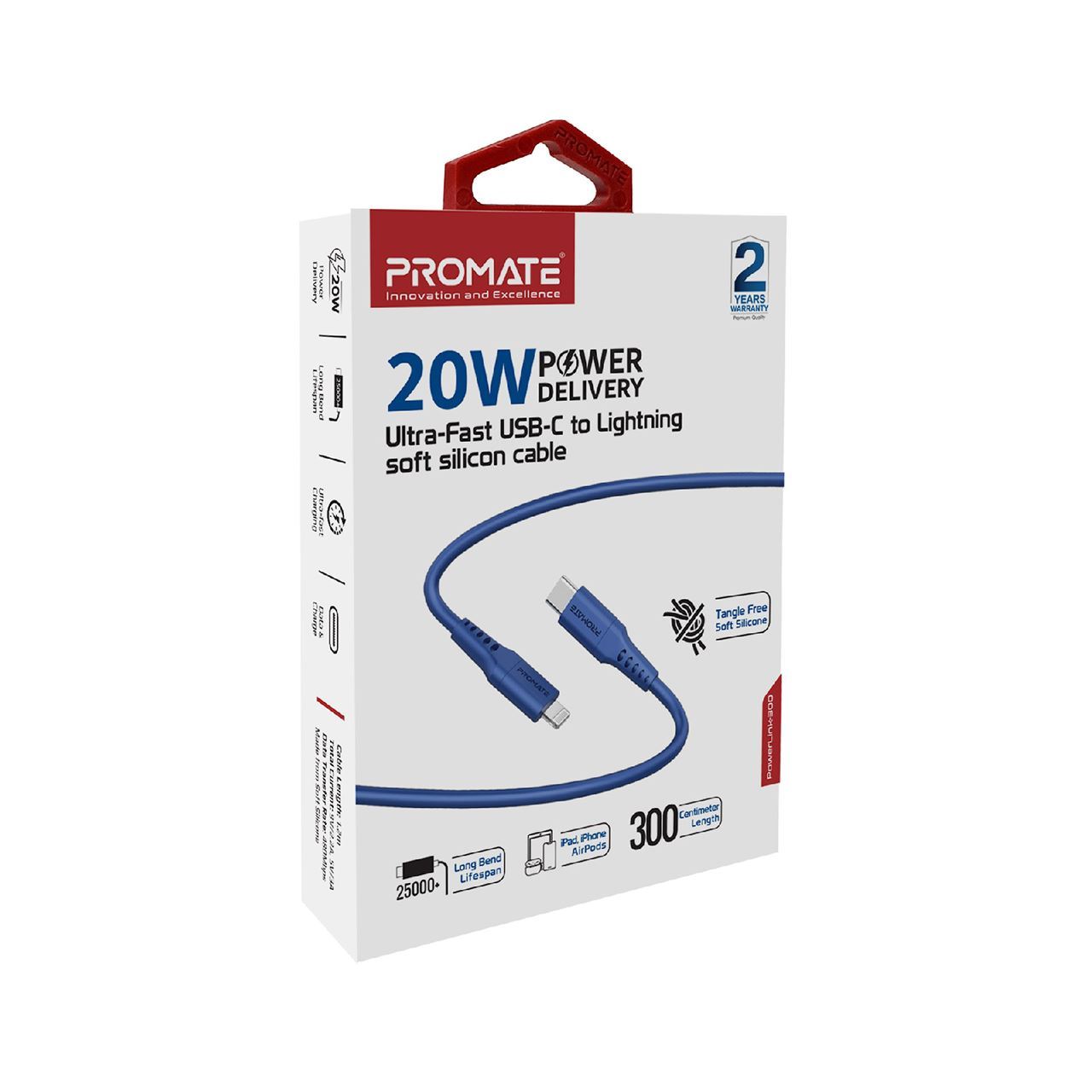 PROMATE_3m_20W_PD_USB-C_to_Lightning_Charge_&_Sync_Cable._For_Apple_iPhone,_iPad,_&_iPad_Mini._Soft_Touch_Silicone._Anti_Snap_Tangle_Free_Design._Blue_*Not_MFI_Certified* 1629