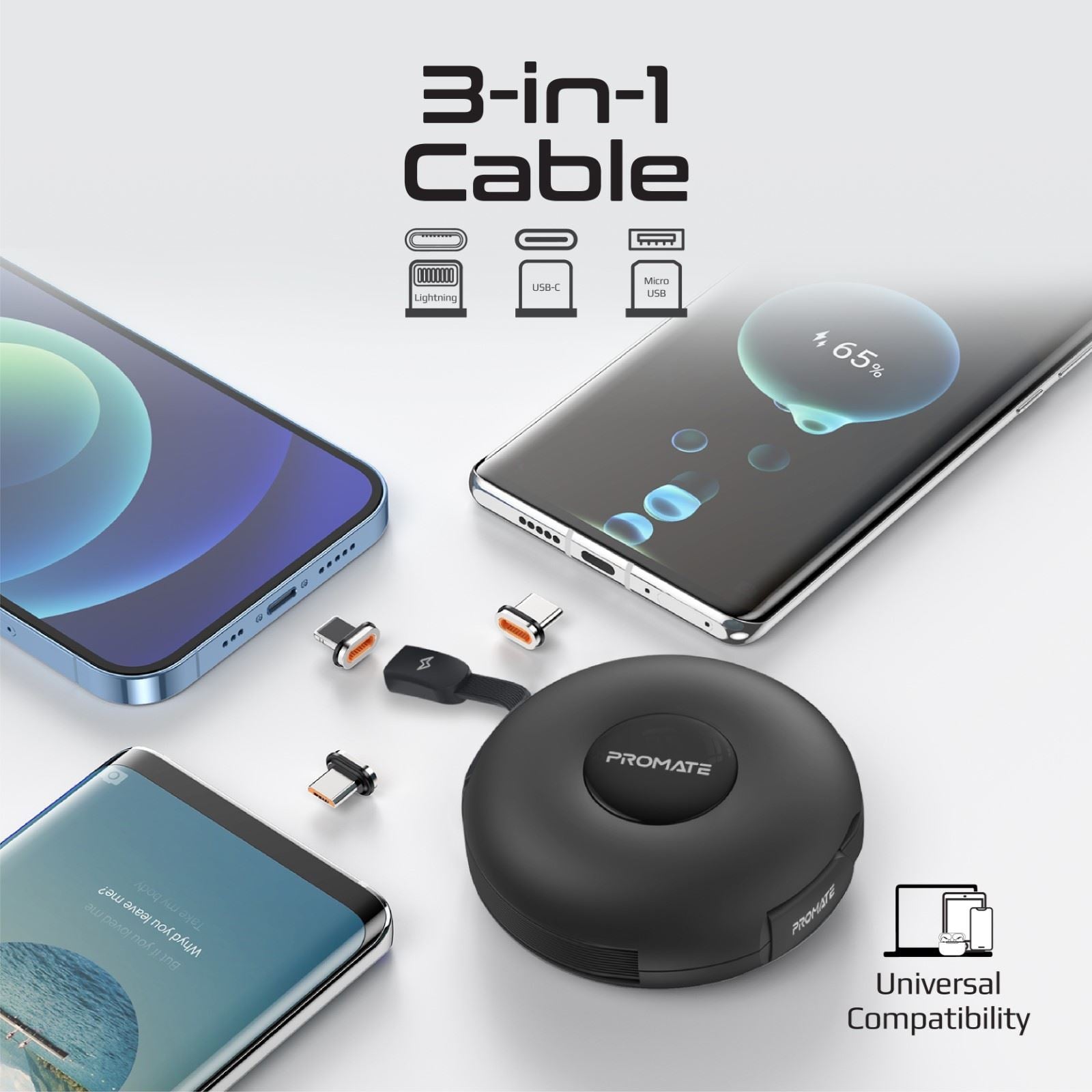 PROMATE_3in1_USB-C_Retractable_Data_&_Charge_Cable_with_Changeable_Magnetic_Connectors._Includes_USB-C_Micro-USB_&_Lightning_Connectors._Supports_60W_USB-C_&_20W_Lightning_PD,_Auto_Recoil._Black_Colour 1739