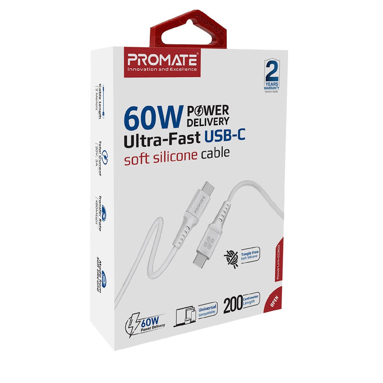 PROMATE_2m_USB-C_Data_and_Charging_Cable._Data_Transfer_Rate_480Mbps._60W_Power_Delivery._Durable_Soft_Silicon_Cable._Tangle_Resistant._25000+_Bend_Tested._White 1668