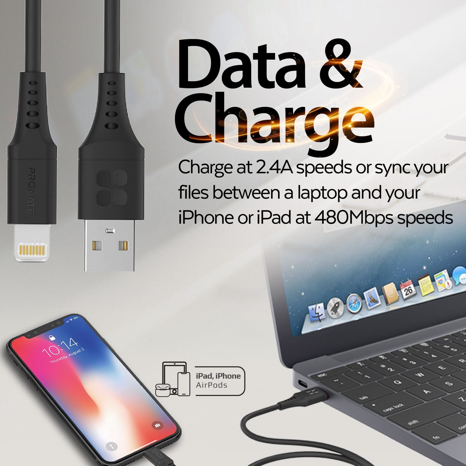 PROMATE_2m_USB-A_to_Lightning_Data_&_Charge_Cable._Data_Transfer_Rate_480Mbps._Total_current_2.4A._Durable_Soft_Silicon_Cable._Tangle_Resistant_25000+_Bend_Tested._Black_**Not_MFI_Certified** 1652