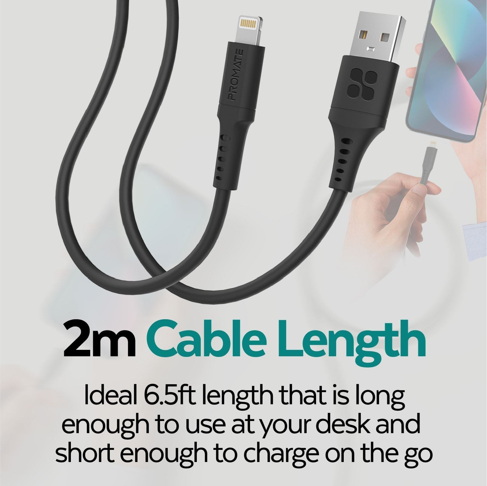 PROMATE_2m_USB-A_to_Lightning_Data_&_Charge_Cable._Data_Transfer_Rate_480Mbps._Total_current_2.4A._Durable_Soft_Silicon_Cable._Tangle_Resistant_25000+_Bend_Tested._Black_**Not_MFI_Certified** 1653