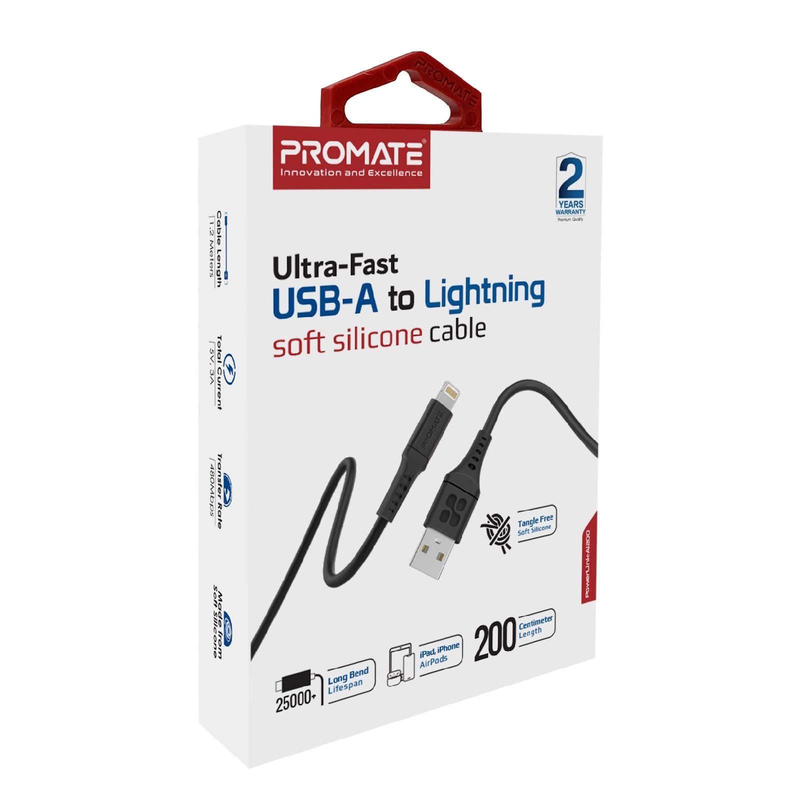 PROMATE_2m_USB-A_to_Lightning_Data_&_Charge_Cable._Data_Transfer_Rate_480Mbps._Total_current_2.4A._Durable_Soft_Silicon_Cable._Tangle_Resistant_25000+_Bend_Tested._Black_**Not_MFI_Certified** 1654