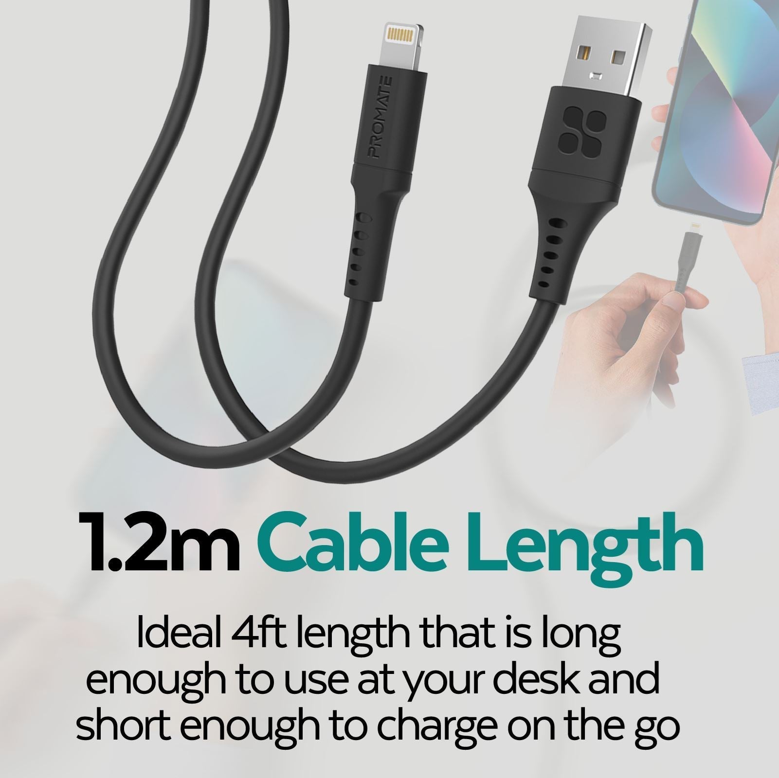 PROMATE_1.2m_USB-A_to_Lightning_Data_&_Charge_Cable._Data_Transfer_Rate_480Mbps._Total_Current_2.4A.._Durable_Soft_Silicon_Cable._Tangle_Resistant_25000+_Bend_Tested._Black_**Not_MFI_Certified** 1648