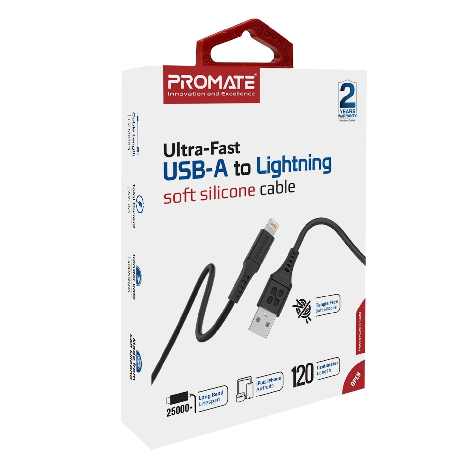 PROMATE_1.2m_USB-A_to_Lightning_Data_&_Charge_Cable._Data_Transfer_Rate_480Mbps._Total_Current_2.4A.._Durable_Soft_Silicon_Cable._Tangle_Resistant_25000+_Bend_Tested._Black_**Not_MFI_Certified** 1649