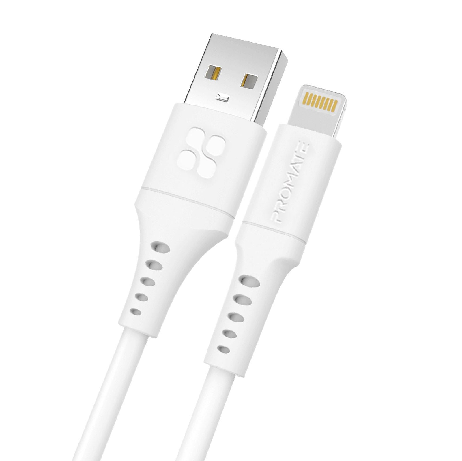 PROMATE_1.2m_USB-A_to_Lightning_Data_&_Charge_Cable._Data_Transfer_Rate_480Mbps._Total_Current_2.4A._Durable_Soft_Silicon_Cable._Tangle_Resistant_25000+_Bend_Tested._White_**Not_MFI_Certified** 1650