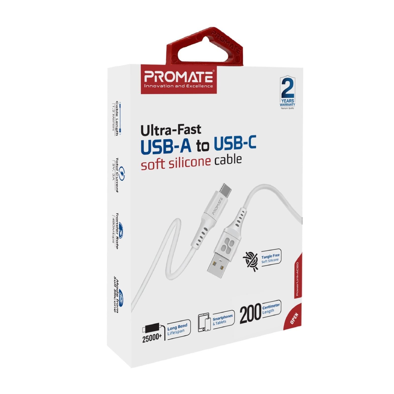 PROMATE_2m_USB-A_to_USB-C_Data_&_Charge_Cable._Data_Transfer_Rate_480Mbps._Total_Current_3A._Durable_Soft_Silcone_Cable._Tangle_Resistant_25000+_Bend_Tested._White 1645