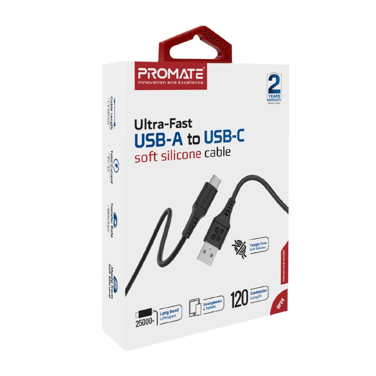 PROMATE_1.2m_USB-A_to_USB-C_Data_&_Charge_Cable._Data_Transfer_Rate_480Mbps._Total_Current_3A._Durable_Soft_Silcon_Cable._Tangle_Resistant_25000+_Bend_Tested._Black 1638