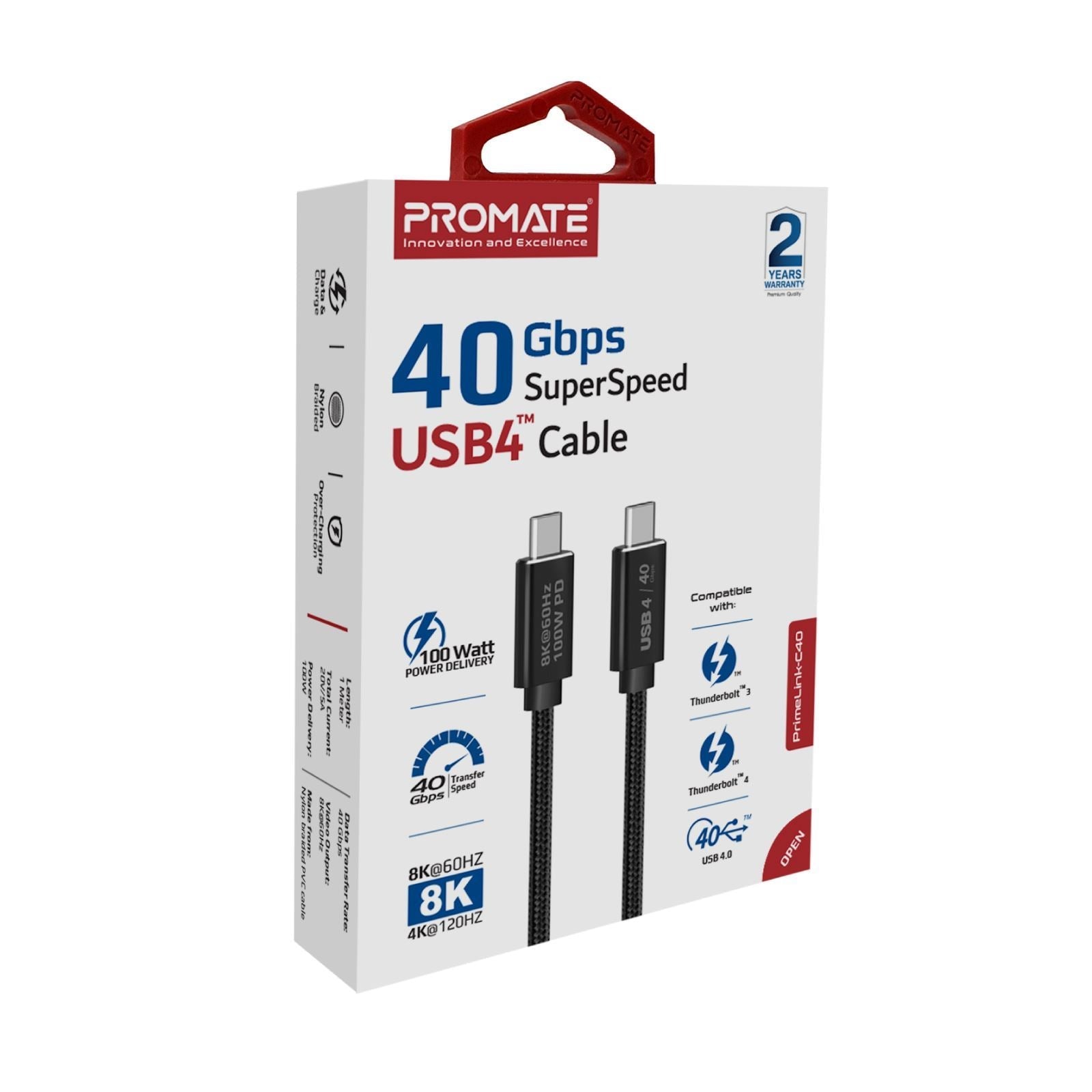 PROMATE_1m_USB-C_Thunderbolt_Cable._Supports_40Gps_&_100W_PD._Supports_Up_to_8k@60Hz,_Durable_Long-Life_Fabric_PVC._Black_Colour. 1674