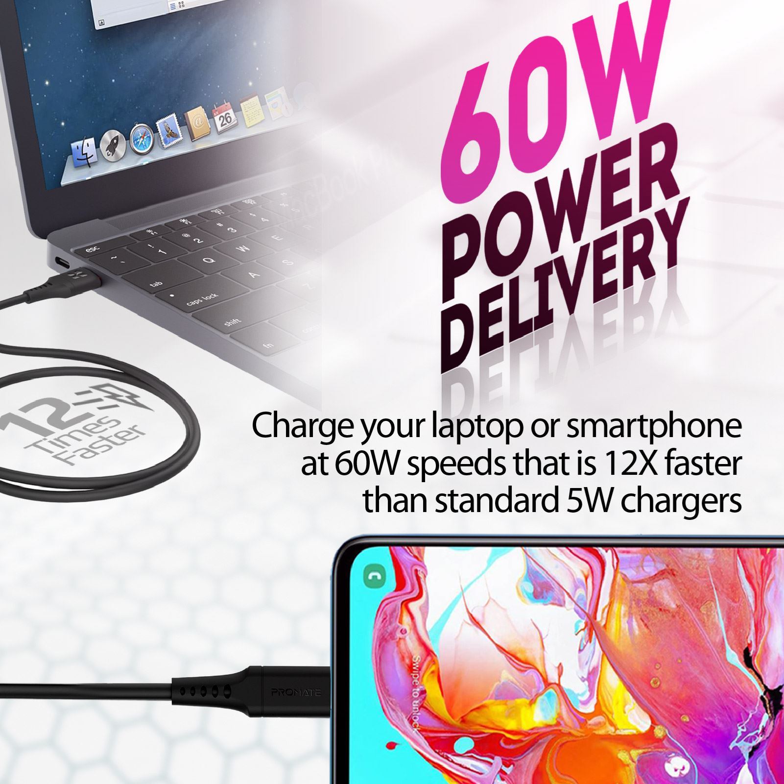 PROMATE_1.2m_USB-C_Data_and_Charging_Cable._Data_Transfer_Rate_480Mbs._60W_Power_Delivery._Durable_Soft_Silicon_Cable._Tangle_Resistant.25000+_Bend_Tested._Black 1657