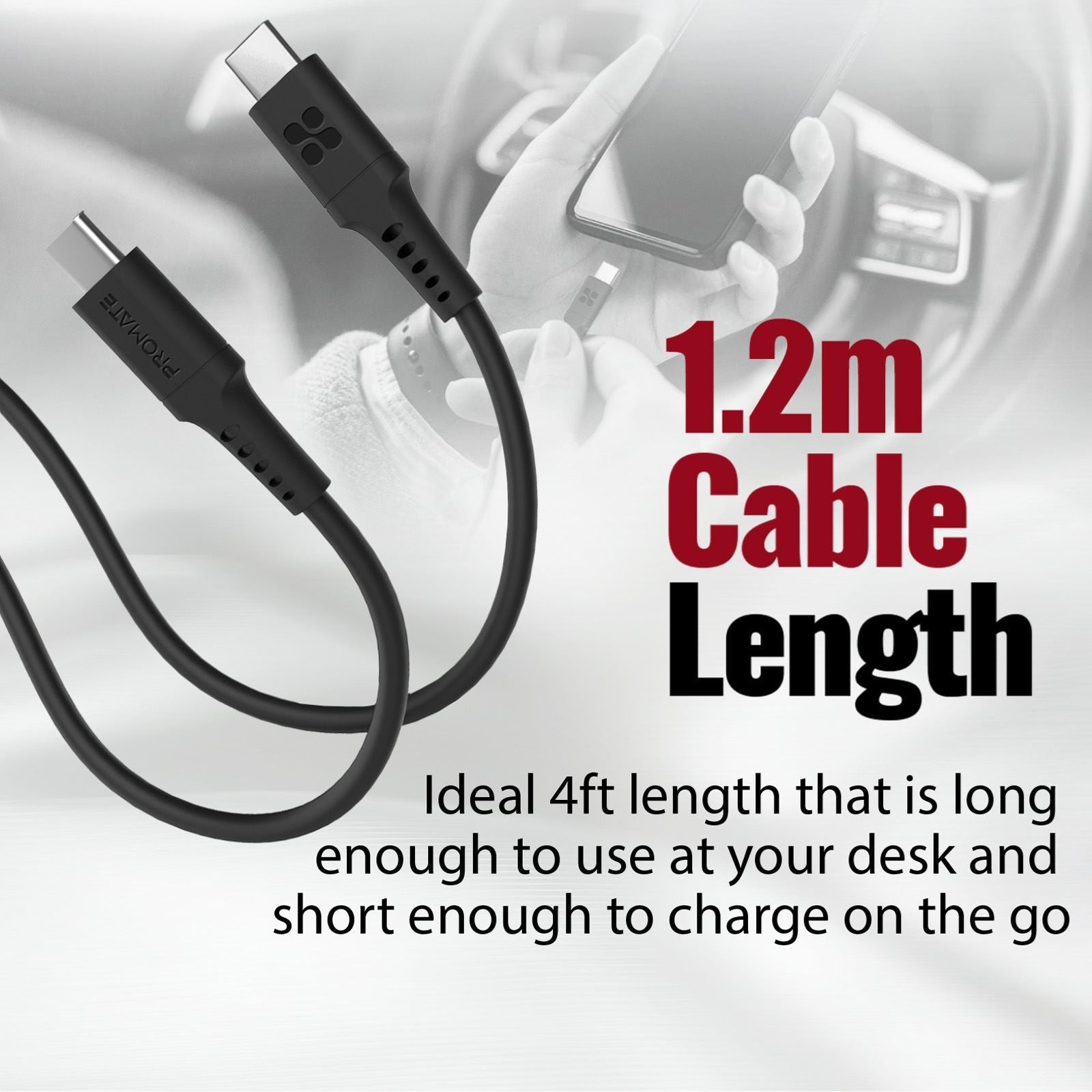 PROMATE_1.2m_USB-C_Data_and_Charging_Cable._Data_Transfer_Rate_480Mbs._60W_Power_Delivery._Durable_Soft_Silicon_Cable._Tangle_Resistant.25000+_Bend_Tested._Black 1658