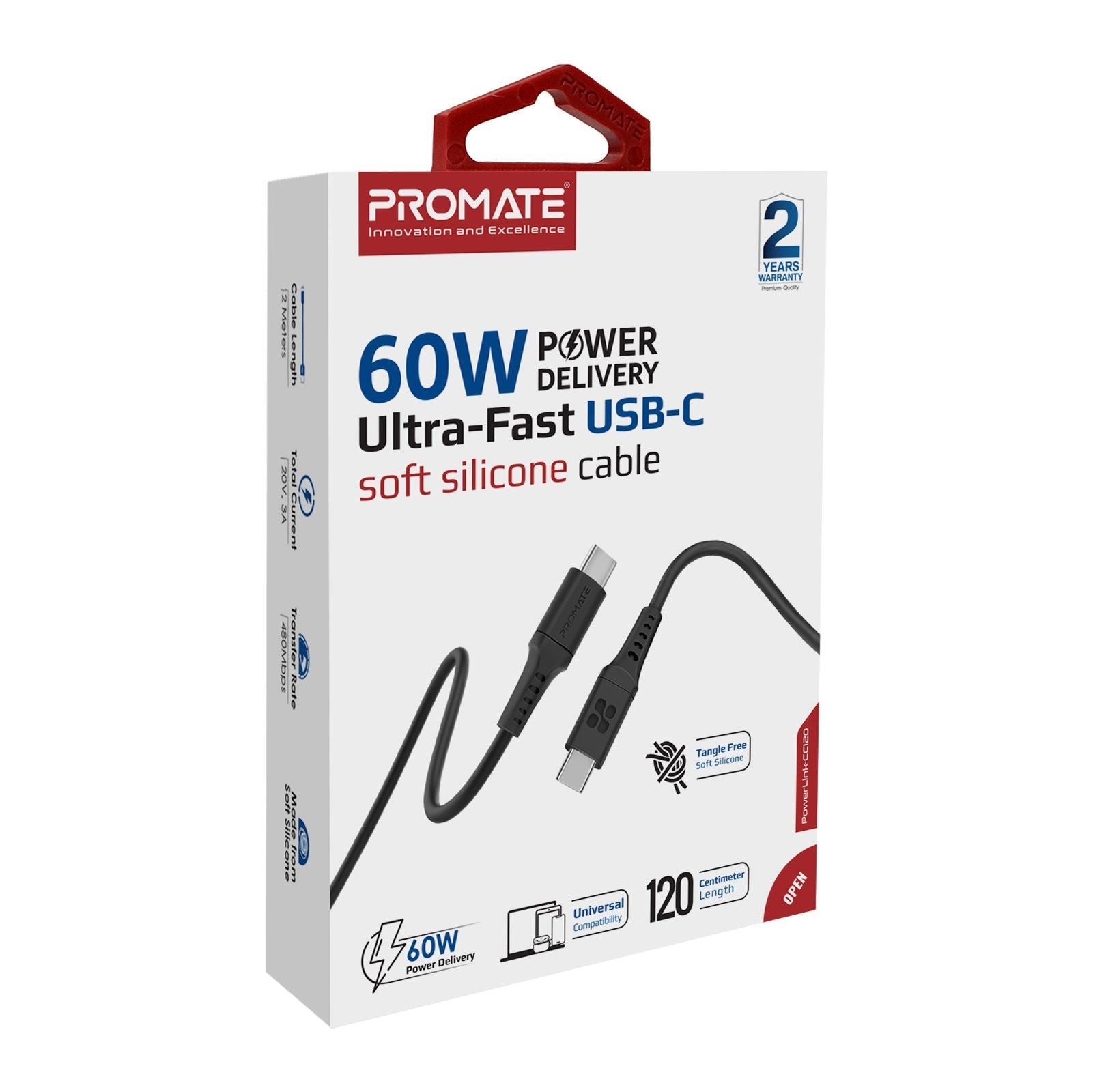 PROMATE_1.2m_USB-C_Data_and_Charging_Cable._Data_Transfer_Rate_480Mbs._60W_Power_Delivery._Durable_Soft_Silicon_Cable._Tangle_Resistant.25000+_Bend_Tested._Black 1659