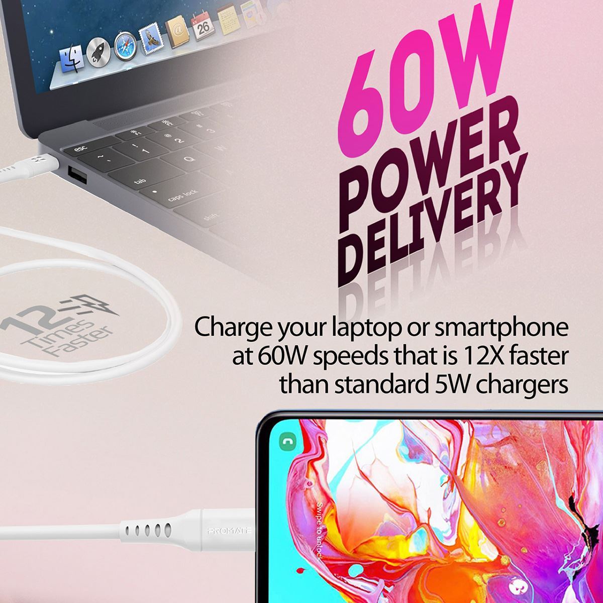 PROMATE_1.2m_USB-C_Data_and_Charging_Cable._Data_Transfer_Rate_480Mbs._60W_Power_Delivery._Durable_Soft_Silicon_Cable._Tangle_Resistant.25000+_Bend_Tested._White 1661
