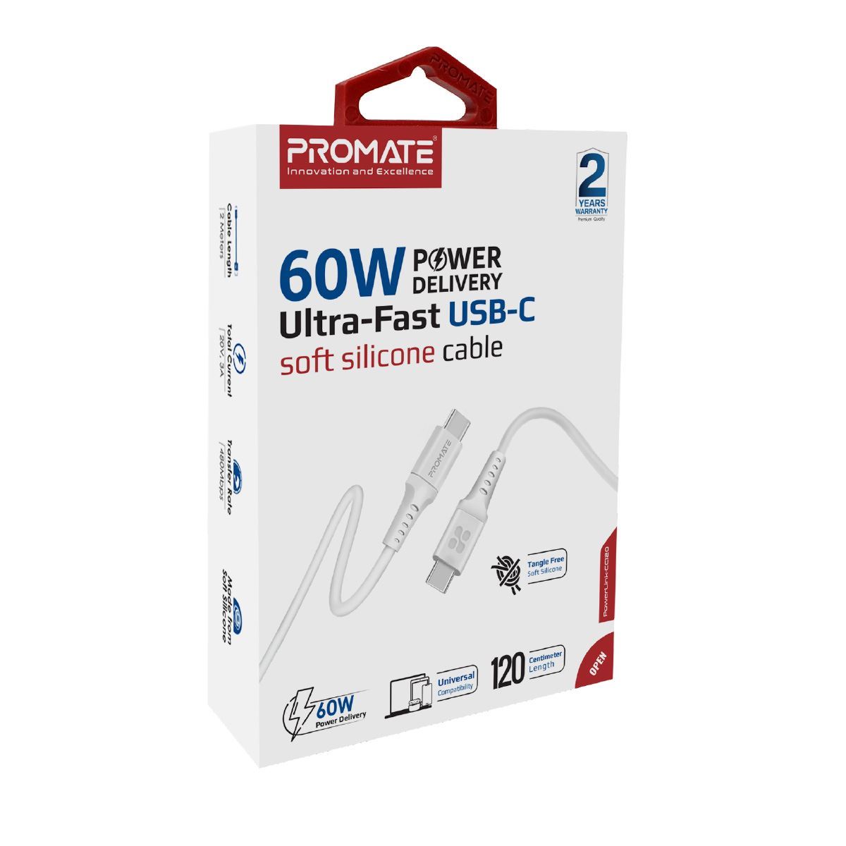 PROMATE_1.2m_USB-C_Data_and_Charging_Cable._Data_Transfer_Rate_480Mbs._60W_Power_Delivery._Durable_Soft_Silicon_Cable._Tangle_Resistant.25000+_Bend_Tested._White 1663
