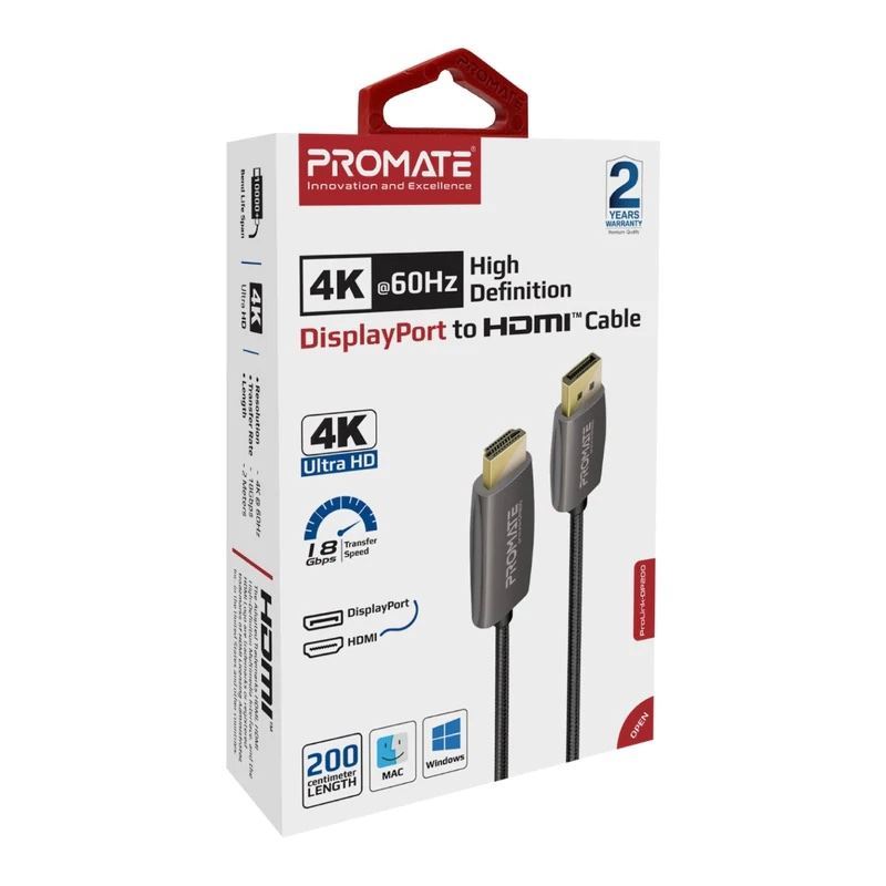 PROMATE_2m_DisplayPort_to_HDMI_Cable._Max_Resolution_4K@60Hz._Transfer_Rate_18Gbps._Superior_Stability_with_no_Signal_Loss._Reinforced_Corrosion_Resistant_Connections 1715