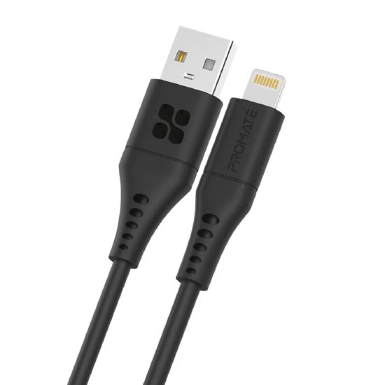 PROMATE_1.2m_USB-A_to_Lightning_Data_&_Charge_Cable._Data_Transfer_Rate_480Mbps._Total_Current_2.4A.._Durable_Soft_Silicon_Cable._Tangle_Resistant_25000+_Bend_Tested._Black_**Not_MFI_Certified** 1646