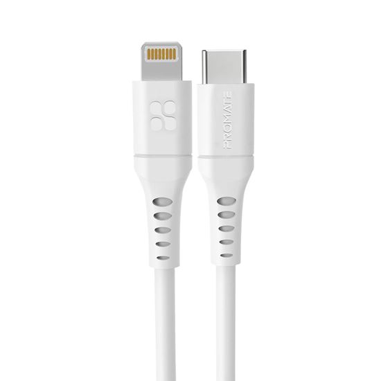 PROMATE_1.2m_20W_PD_USB-C_to_Lightning_Charge_&_Sync_Cable._For_Apple_iPhone,_iPad,_&_iPad_Mini._Soft_Touch_Silicone._Anti_Snap_Tangle_Free_Design._White_*Not_MFI_Certified* 1606
