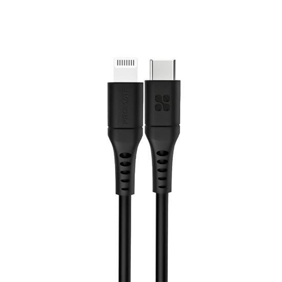 PROMATE_2m_20W_PD_USB-C_to_Lightning_Charge_&_Sync_Cable._For_Apple_iPhone,_iPad,_&_iPad_Mini._Soft_Touch_Silicone._Anti_Snap_Tangle_Free_Design._Black._*Not_MFI_Certified* 1609