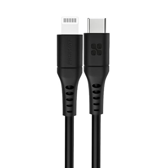 PROMATE_3m_20W_PD_USB-C_to_Lightning_Charge_&_Sync_Cable._For_Apple_iPhone,_iPad,_&_iPad_Mini._Soft_Touch_Silicone._Anti_Snap_Tangle_Free_Design._Black._*Not_MFI_Certified* 1621