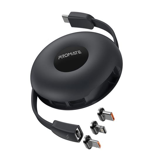 PROMATE_3in1_USB-C_Retractable_Data_&_Charge_Cable_with_Changeable_Magnetic_Connectors._Includes_USB-C_Micro-USB_&_Lightning_Connectors._Supports_60W_USB-C_&_20W_Lightning_PD,_Auto_Recoil._Black_Colour 1738