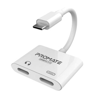 UNISPLIT-C.WHT - Promate 2-in-1 Audio & Charge USBC Adapter with 15W Power Delivery.