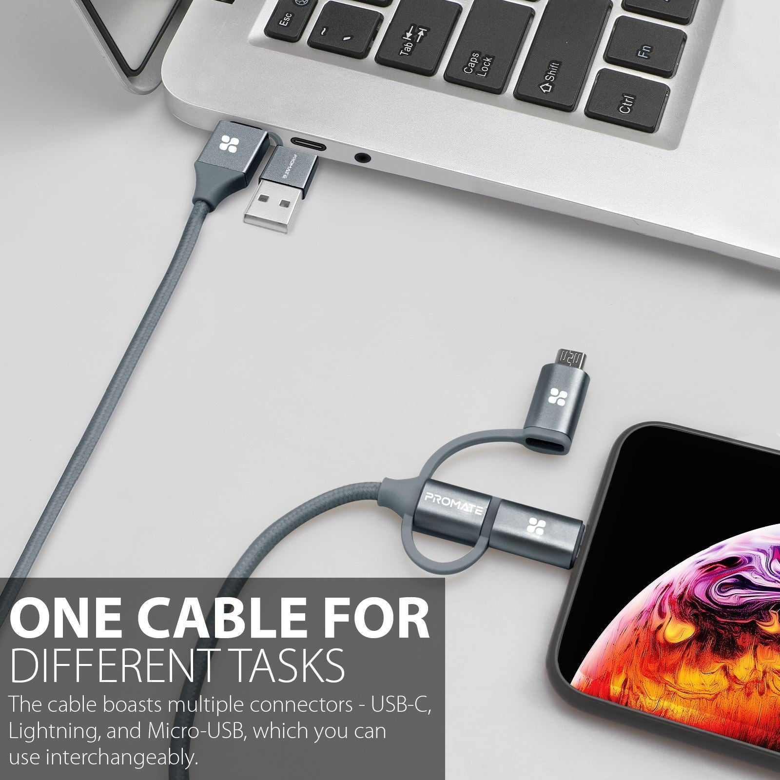PROMATE_6-in1_Hybrid_1.2m_Multi-Connector_Cable_for_Charging_&_Data_Transfer._60W_Power_Delivery_USB-C_to_USB-C,_Micro-USB,_USB-C_Lightning_Connector._Grey_Colour. 1566