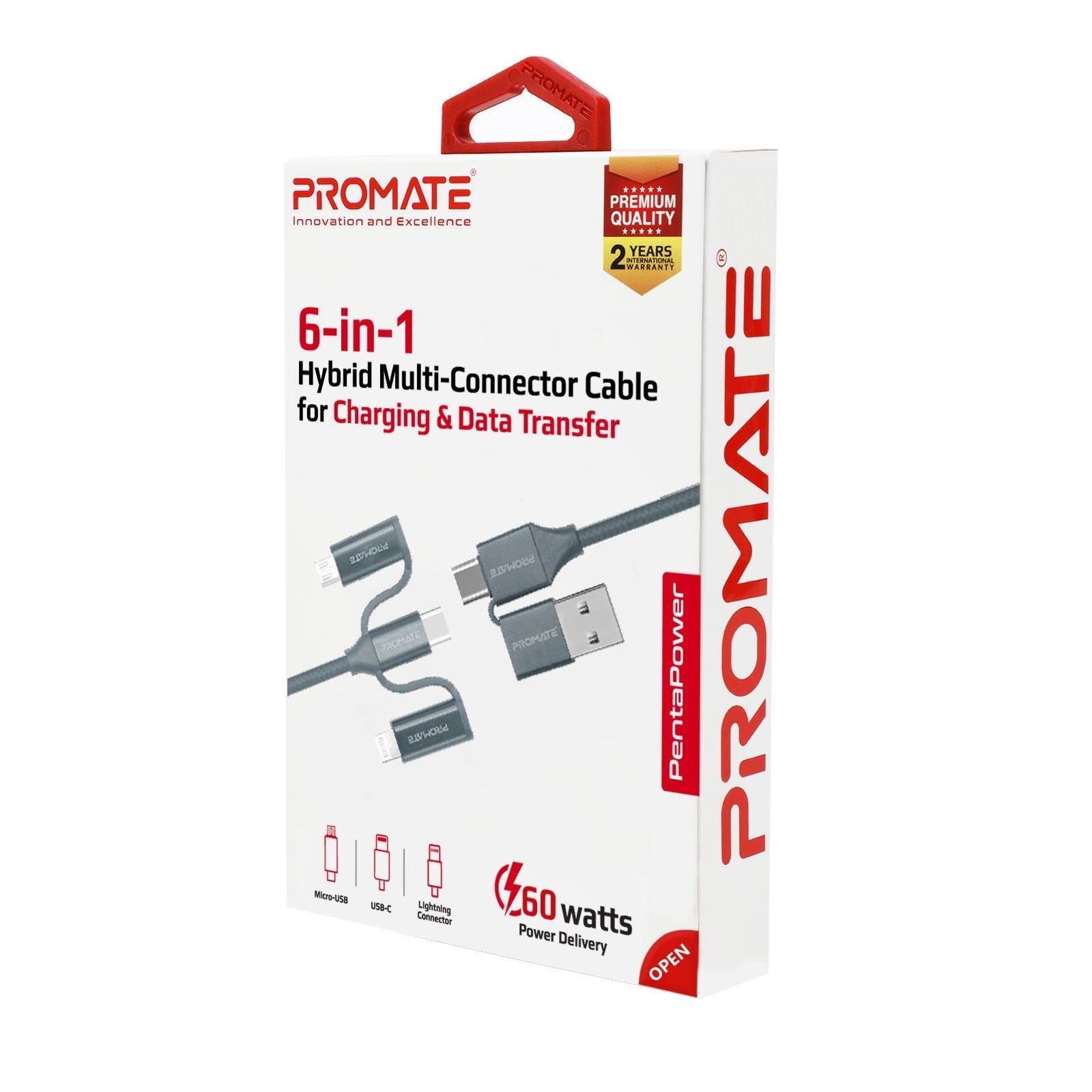 PROMATE_6-in1_Hybrid_1.2m_Multi-Connector_Cable_for_Charging_&_Data_Transfer._60W_Power_Delivery_USB-C_to_USB-C,_Micro-USB,_USB-C_Lightning_Connector._Grey_Colour. 1565