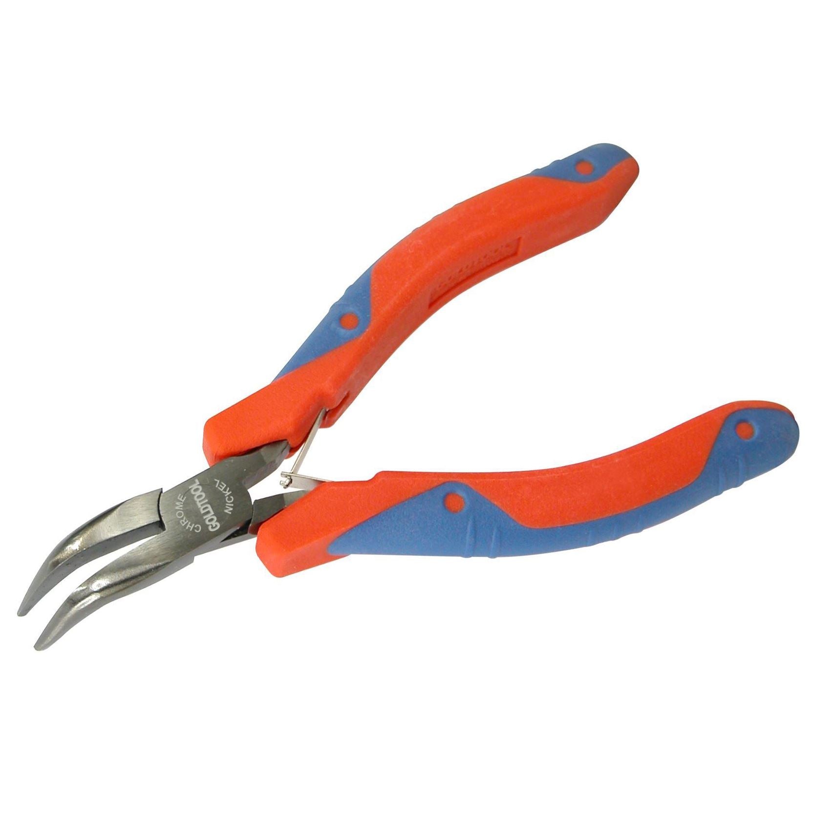 GOLDTOOL_120mm_Bent_Nose_Polished_CRV_Precision_Plier._28mm_Smooth_Jaws_Double_Leaf_Springs._Rubber_Easy_Grip_Handles_for_Greater_Comfort._Red/Blue_Colour