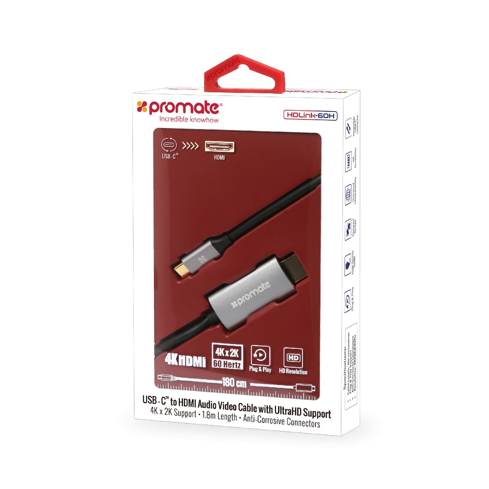 PROMATE_1.8m_4K_USB-C_to_HDMI_Cable_with_Gold_Plated_Connectors._Supports_Max_Res_up_to_4K@60Hz_(4096X2160)._Plug_&_Play._Grey_Colour. 1349
