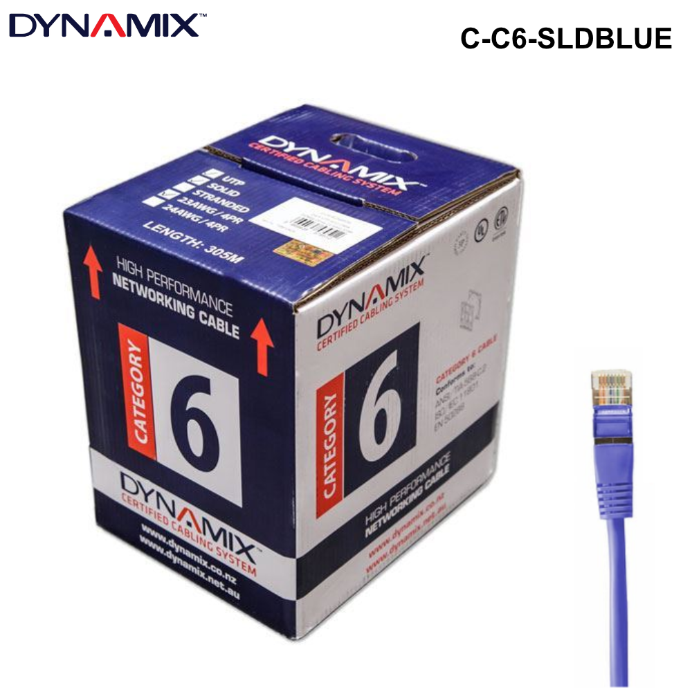 C-C6-SLD - 305m Cat6 Blue UTP SOLID Cable Roll, 250MHz, 23AWGx4P, PVC - Colour Options