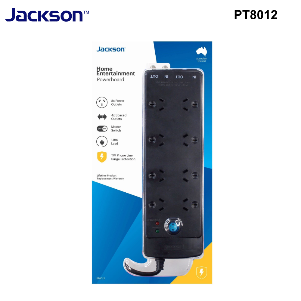 PT8012 - Jackson 8-Way Protected Power Board with Telephone and TV Line - Spaced Outlets - 0